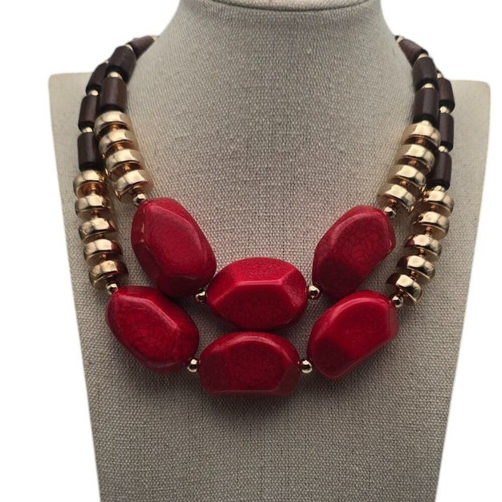 Red Gold Multi Strand Statement Necklace – Bold Glam Modern